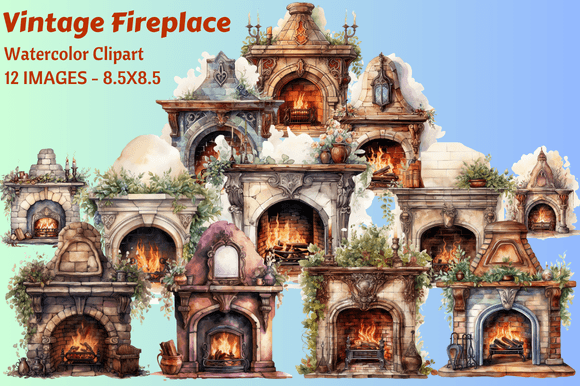 Download Vintage Fireplace Watercolor Clipart - Premium Bundle