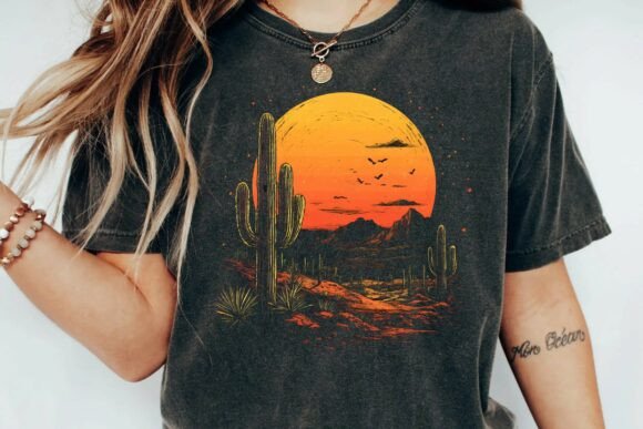 Download Vintage Desert Sunset Cactus Mountain Retro Graphic T-Shirt Design Png - Vintage Collection